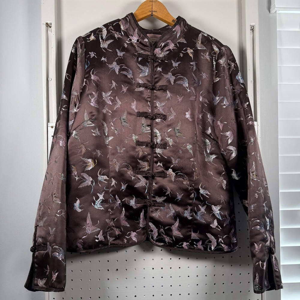 Vintage Old Navy Jacket Womens XL Brown Embroidered Butterfly Satin Grandmacore